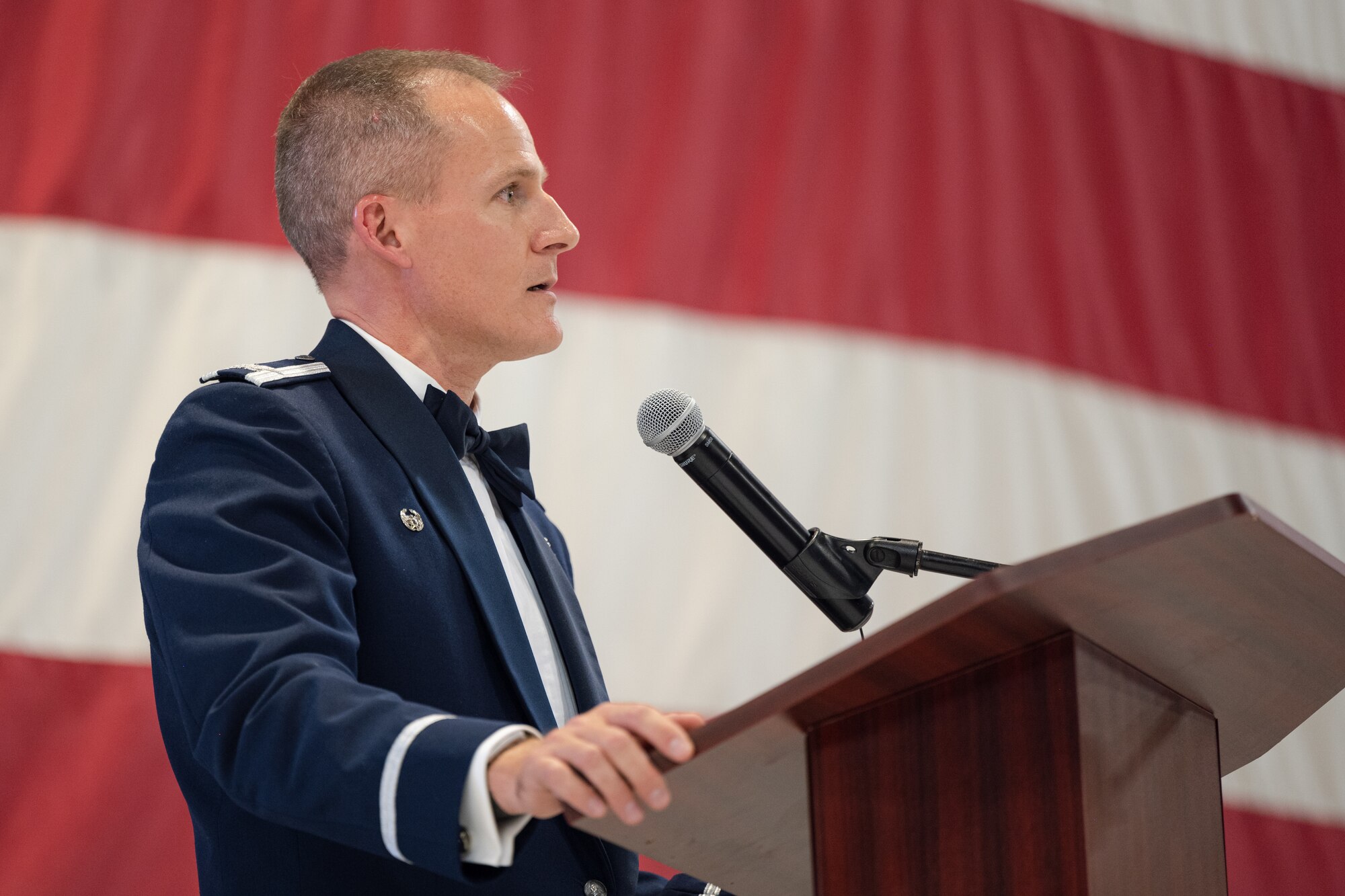 U.S. Air Force Col. Justin Spears, 49th Wing commander, gives remarks during the 2023 Holloman Air Force Ball at Holloman Air Force Base, New Mexico, Sept. 23, 2023. The Air Force Ball is an annual event held at Air Force bases around the globe, bringing service members and their loved ones together to celebrate the service’s legacy. (U.S. Air Force photo by Senior Airman Antonio Salfran)