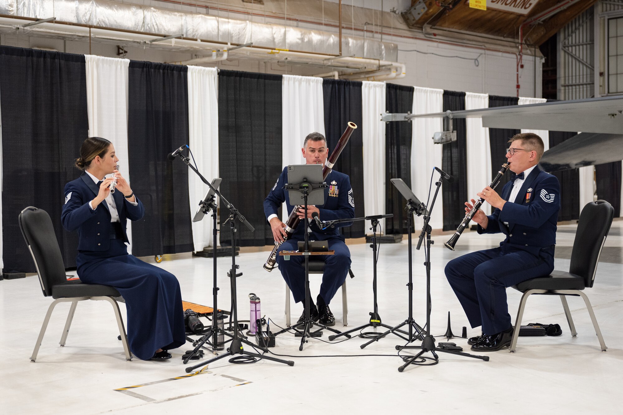 Members of the U.S. Air Force Academy Rampart Winds band, perform the national anthem during the 2023 Holloman Air Force Ball at Holloman Air Force Base, New Mexico, Sept. 23, 2023. This year’s theme for the ball was “Fightin’ 49ers… Honoring Airmen over the years” and celebrated the 76th birthday of the U.S. Air Force. (U.S. Air Force photo by Senior Airman Antonio Salfran)