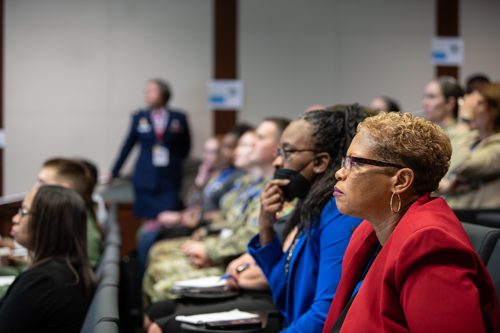 Conference attendees attending a breakout session during the Department of the Air Force Diversity, Equity, Inclusion and Accessibility Conference Sept. 18-20, 2023, George Washington University in Washington, D.C. This year's conference theme, "Respect, Recruit, Retain and Ready," aimed to empower all Airmen and Guardians. SAF DI's Mission and Strategy evolve around the understanding that the strength of the DAF doesn't just lie in our technological prowess or advanced weaponry, but in Airmen and Guardians who volunteer to serve. (U.S. Air Force photo by Capt. Shane Ellis)