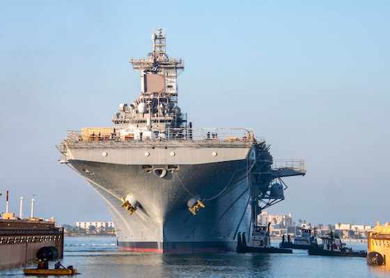 Amphibious assault ship USS Essex (LHD 2) prepares to depart the Pride of California Dry Dock, BAE Systems, San Diego, Sept. 8, 2023.