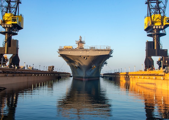 Amphibious assault ship USS Essex (LHD 2) departs the Pride of California Dry Dock, BAE Systems, San Diego, Sept. 8, 2023.