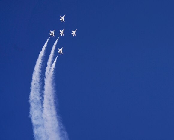 The United States Air Force Air Demonstration team “Thunderbirds” execute a carefully choreographed demonstration at the California Capital Air Show Sept. 23, 2023, in Rancho Cordova, California.