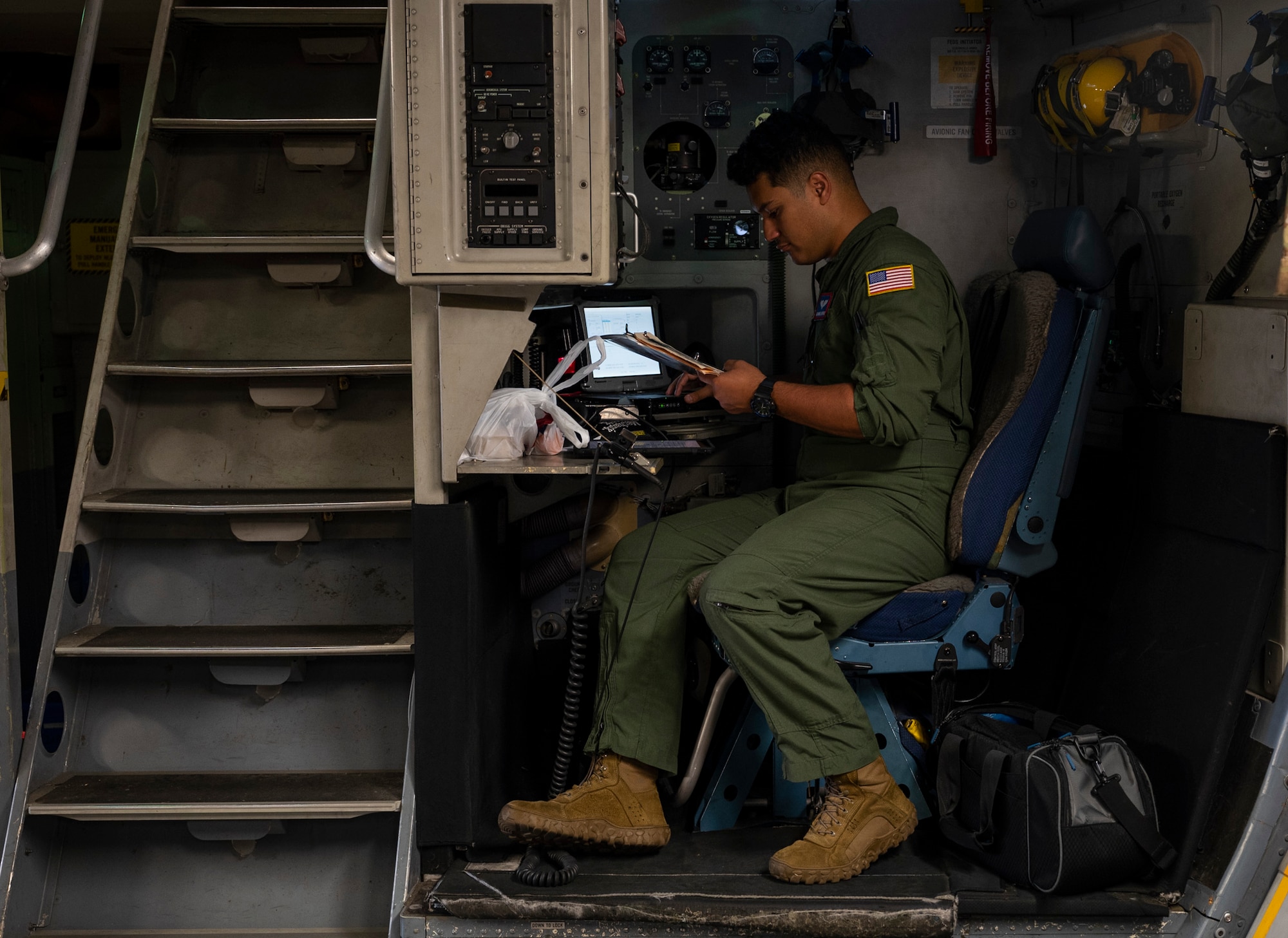 U.S. Air Force Airman 1st Class Manuel Santiago, a loadmaster with the 4th Airlift Squadron, conducts preflight checks on a C-17 Globemaster III during Exercise Rainier War 23A at Joint Base Lewis-McChord, Washington, Sept. 25, 2023. Rainier War is an annual exercise led by the 62d Airlift Wing designed to evaluate the ability to generate, employ and sustain in-garrison and forward deployed forces. These exercises are necessary in assessing and maintaining wartime operational tempos, ensuring command and control across multiple locations. During the exercise, Airmen will respond to scenarios that replicate today’s contingency operations and will address full-spectrum readiness against modern threats brought on by peer adversaries. (U.S. Air Force photo by Staff Sgt. Rachel Williams)