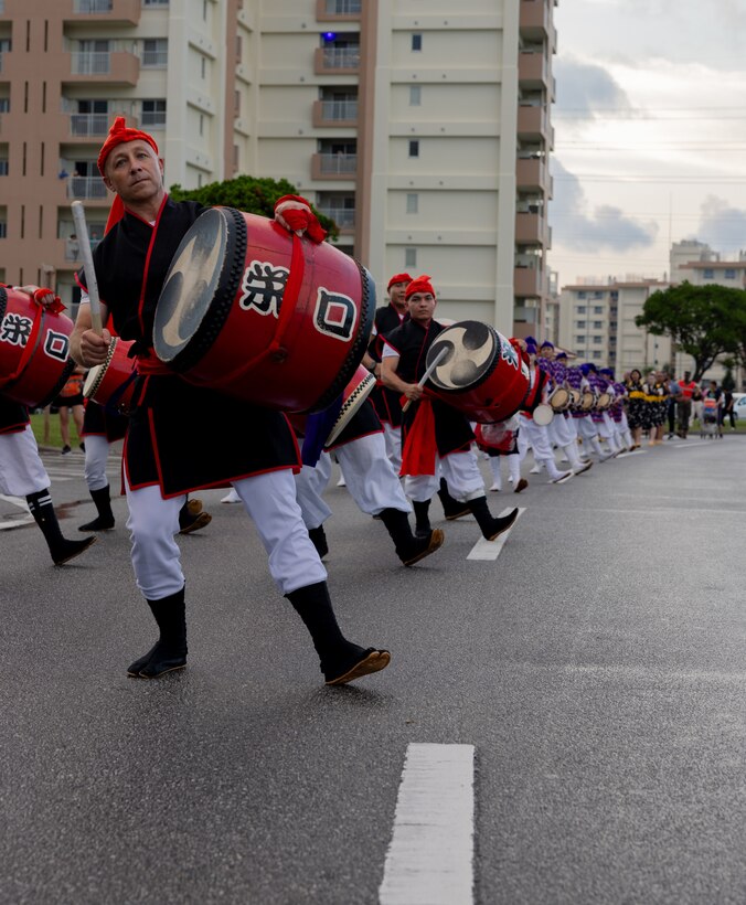 U.S. Marine Corps Col. David M. Banning, the commanding officer of Headquarters and Support Battalion, Marine Corps Installations Pacific, performs as an Odaiko drummer with Eguchi Eisa Group on Camp Foster, Okinawa, Japan, Sep. 24, 2023. Originating from Okinawa, Eisa started as a traditional dance performed by Japanese Buddhist monks to honor the spirits of their ancestors. Since then, Eisa has evolved into a form of modern entertainment commonly performed during the Obon Festival in the summer months. (U.S. Marine Corps photo by Sgt. Kree Laing)