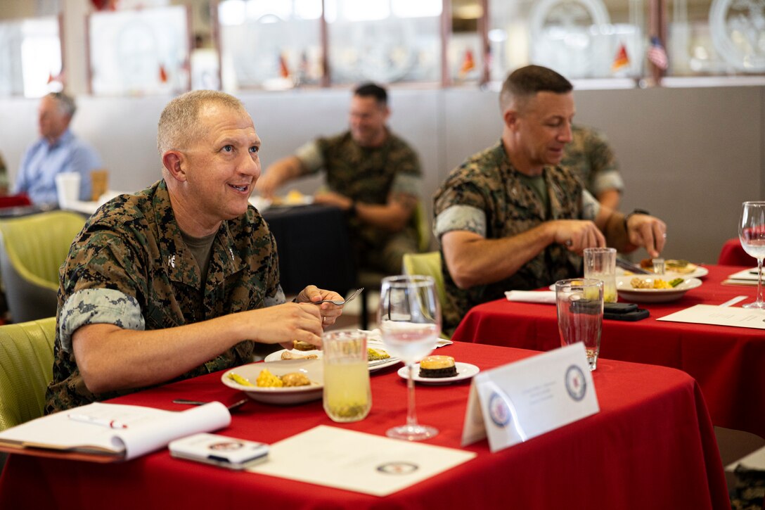 U.S. Marine Corps Col. Jeffrey Hammond, deputy commander of Marine Corps Installations Pacific, speaks to competitors during a food service specialist of the quarter competition on Camp Foster, Okinawa, Japan, Sep. 14, 2023. The quarterly competition is a long-standing tradition within the Marine Corps food service community and is designed to showcase and recognize competitors’ culinary skills and to inspire creativity. (U.S. Marine Corps photo by Cpl. Alex Fairchild
