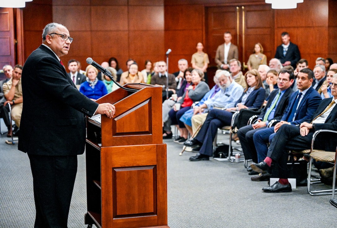 BOSTON (Sept. 26, 2023) Secretary of the Navy (SECNAV) Carlos Del Toro calls for a "new maritime statecraft" to prevail in an era of intense strategic competition during remarks at the John F. Kennedy School of Government at Harvard University, Sept. 26, 2023. Del Toro stated that maritime statecraft, in a broad sense, encompasses not only naval diplomacy but a national,  whole-of-government effort to build comprehensive U.S. and allied maritime power, both commercial and naval. (U.S. Navy photo)