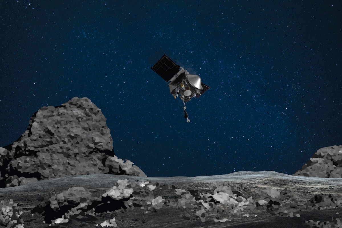 A spacecraft flies above a rock formation in space.