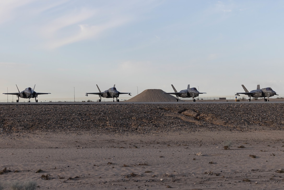 U.S. Marine Corps F-35B Lightning II’s with Marine Aircraft Group (MAG) 13, 3rd Marine Aircraft Wing, stage for takeoff during Fifth Generation Friday at Marine Corps Air Station Yuma, Arizona, Sept. 8, 2023. . Fifth Generation Friday is a standardized monthly group-level training exercise that provides MAG-13 F-35 pilots with real-world exposure to fighting a peer adversarial platform. (U.S. Marine Corps photo by Cpl. Jade K. Venegas)