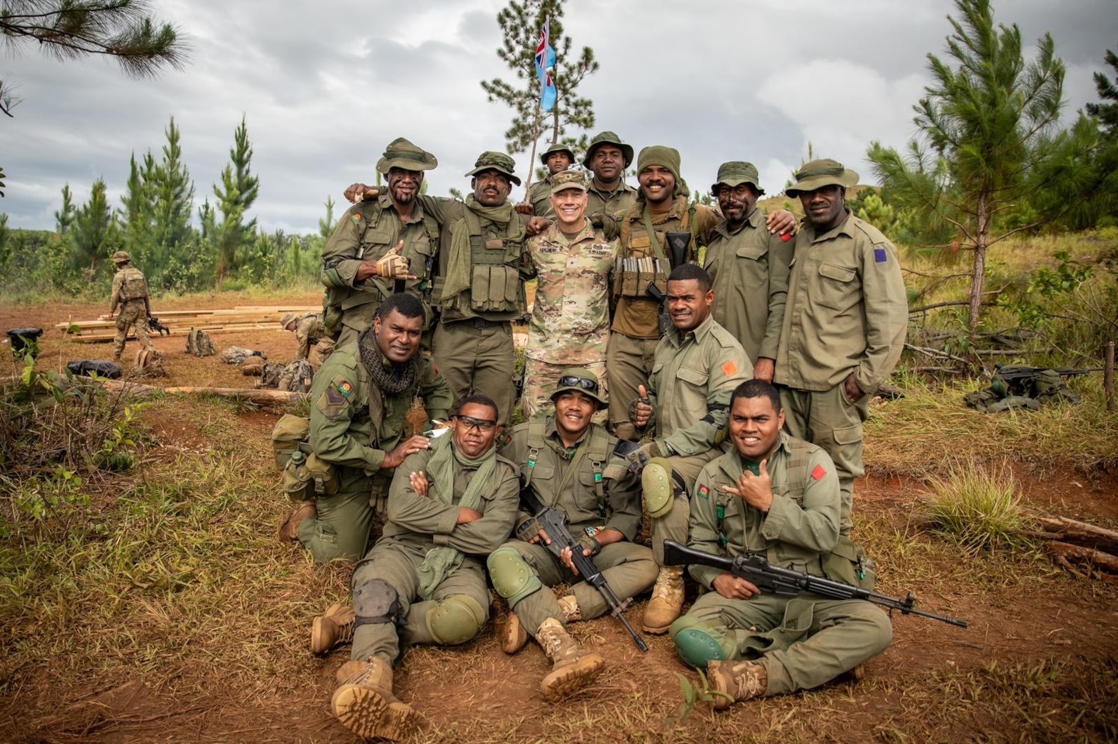 Nevada Army National Guard leadership, including Brig. Gen. Troy Armstrong, center, visited with Soldiers and military personnel from allied partner nations in the South Pacific Sept. 23-24, 2023, during Exercise Cartwheel 2023, a multinational military training exercise conducted in Fiji this month. Nevada National Guardsmen and service members from Australia, New Zealand, the United Kingdom and the Republic of Fiji, are training during the exercise.