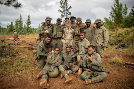 Nevada Army National Guard leadership, including Brig. Gen. Troy Armstrong, center, visited with Soldiers and military personnel from allied partner nations in the South Pacific Sept. 23-24, 2023, during Exercise Cartwheel 2023, a multinational military training exercise conducted in Fiji this month. Nevada National Guardsmen and service members from Australia, New Zealand, the United Kingdom and the Republic of Fiji, are training during the exercise.