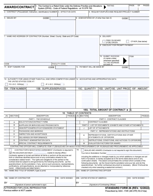 Overview of the entire Award/Contract SF26 Form first page. See adjacent text or context for equivalent information of image.