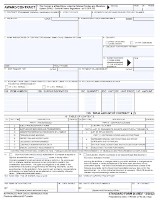 Overview of the entire Award/Contract SF26 Form first page. See adjacent text or context for equivalent information of image.