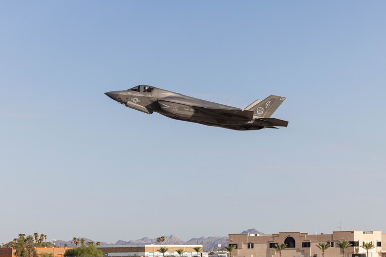 U.S. Marine Corps Lt. Col. Bijan Derakhshan, commanding officer of Marine Fighter Attack Squadron (VMFA) 122, Marine Aircraft Group (MAG) 13, 3rd Marine Aircraft Wing, lands during Fifth Generation Friday at Marine Corps Air Station Yuma, Arizona, Sept. 8, 2023. Fifth Generation Friday is a standardized monthly group-level training exercise that provides MAG-13 F-35 pilots with real-world exposure to fighting a peer adversarial platform. (U.S. Marine Corps photo by Cpl. Jade K. Venegas)
