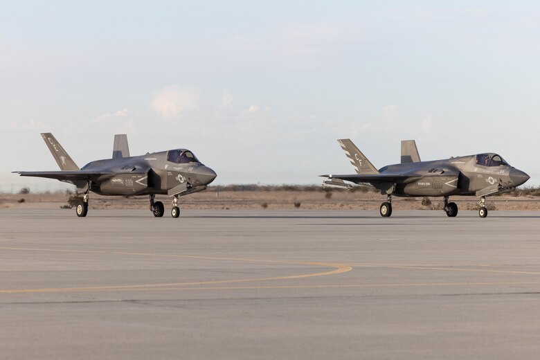 U.S. Marine Corps Lt. Col. Bijan Derakhshan, commanding officer of Marine Fighter Attack Squadron (VMFA) 122, Marine Aircraft Group (MAG) 13, 3rd Marine Aircraft Wing, lands during Fifth Generation Friday at Marine Corps Air Station Yuma, Arizona, Sept. 8, 2023. Fifth Generation Friday is a standardized monthly group-level training exercise that provides MAG-13 F-35 pilots with real-world exposure to fighting a peer adversarial platform. (U.S. Marine Corps photo by Cpl. Jade K. Venegas)