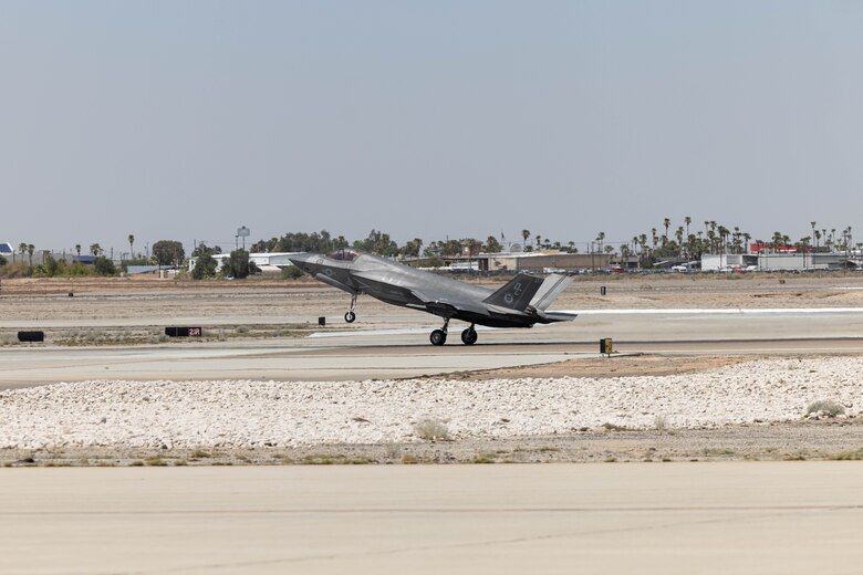 U.S. Marine Corps Lt. Col. Bijan Derakhshan, commanding officer of Marine Fighter Attack Squadron (VMFA) 122, Marine Aircraft Group (MAG) 13, 3rd Marine Aircraft Wing, lands during Fifth Generation Friday at Marine Corps Air Station Yuma, Arizona, Sept. 8, 2023. Fifth Generation Friday is a standardized monthly group-level training exercise that provides MAG-13 F-35 pilots with real-world exposure to fighting a peer adversarial platform. (U.S. Marine Corps photo by Cpl. Jade K. Venegas)