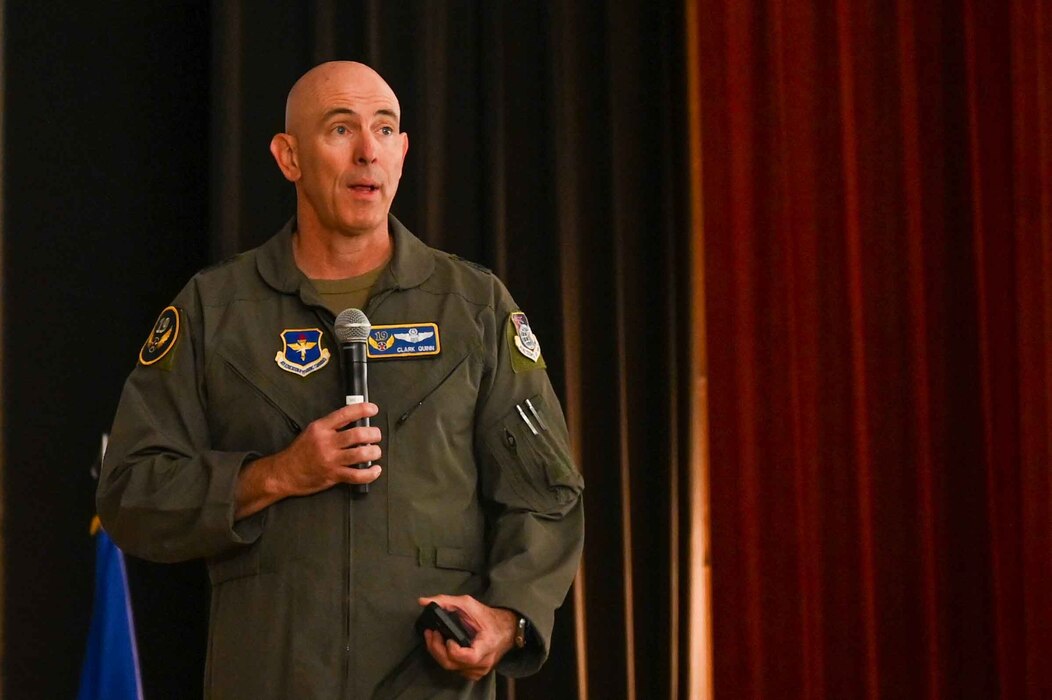 U.S. Air Force Maj. Gen. Clark Quinn, 19th Air Force commander, holds a commander’s all-call at Altus Air Force Base, Oklahoma, Sept. 20, 2023. The 19th Air Force oversees 17 wings with 32,000 Airmen under their command. (U.S. Air Force photo by Airman 1st Class Kari Degraffenreed)