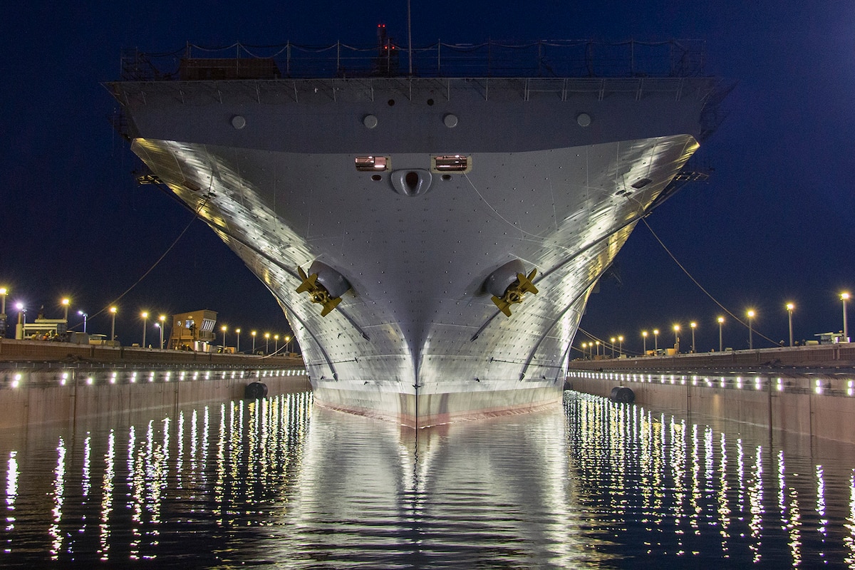 The USS Essex prepares to depart San Diego, Sept. 8, 2023. The Navy ship was dry docked for a maintenance period to upgrade and refurbish many key systems aboard.