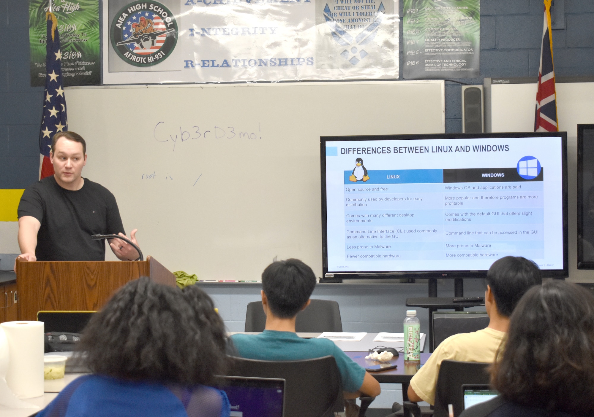 A cyber camp instructor from the 352d Cyberspace Operations Squadron, explains software program functions to students.