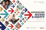 The poster is rectangular in shape with
a white background. The words, “Advancing Access & Equity, National Disability Employment Awareness Month, Celebrating 50 years of the Rehabilitation Act of 1973” are placed to the right of a field of red, gray, teal, blue and yellow arrows. Mixed within the arrows are diverse images of people with disabilities in workplace settings. Along the top in small gray letters are the hashtags “NDEAM” and “RehabAct50” followed by the website address, dol.gov/ODEP. In the lower right corner is the DOL seal followed by the words “Office of Disability Employment Policy, United States Department of Labor” as well as the Rehabilitation Act 50 logo.