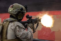 U.S. Marine Corps Cpl. Jeremy Fant, a recapture tactics team member with 2nd platoon, Alpha Company, Marine Corps Security Forces Battalion Bangor Marine Corps Security Forces Regiment fires a Colt Canada C8 carbine during marksmanship training at Northumbria Police Operational Tactical Training Centre, Gateshead, Tyne and Wear, United Kingdom September 12, 2023. U.S. Marines and  British Royal Marine Commandos participated in live-fire exercise to increase weapons proficiency and knowledge of the British Royal Marine Commandos primary weapon systems. Exercise Tartan Eagle is an annual bilateral training exercise for the U.S. Marines and British Royal Marines Commandos with 43 Commando Fleet Protection Group Royal Marines to travel to each other's training facilities to exchange tactics, techniques and procedures in fixed site security. (U.S. Marine Corps photo by SSgt. Servante R. Coba)