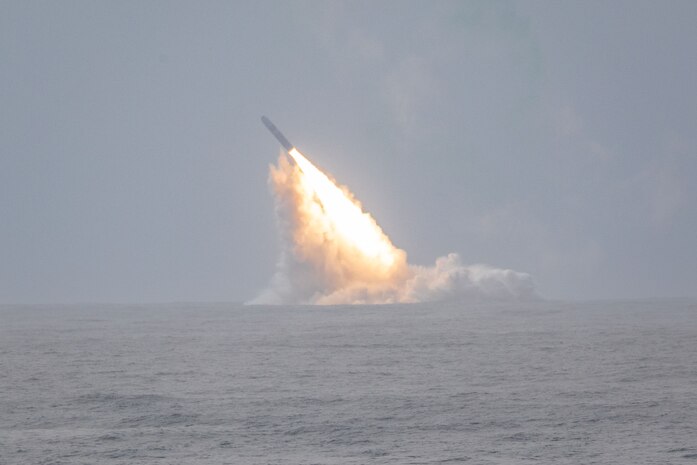 An unarmed Trident II D5LE missile launches from the Ohio-class ballistic missile submarine USS Louisiana (SSBN 743), marking a successful Demonstration and Shakedown Operation-32 (DASO-32) off the coast of Southern California, Wednesday.