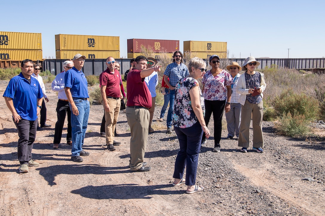 David Coolidge, city manager with the City of Winslow, center, discusses the Little Colorado River at Winslow Flood-Control project with members of the U.S. Army Corps of Engineers’ Los Angeles District and others during a tour of the project Sept. 19 in Winslow, Ariz.