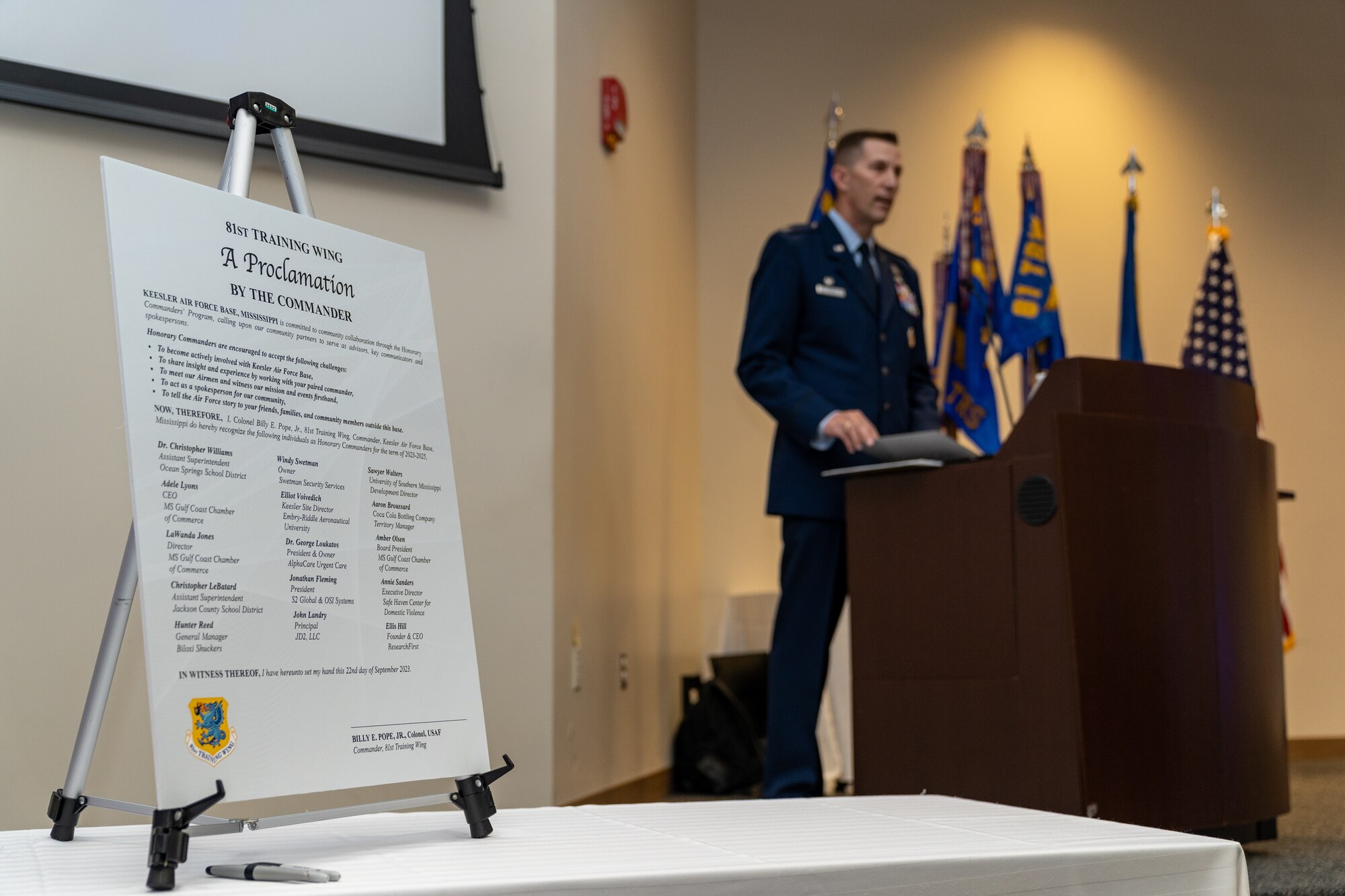 U.S. Air Force Col. Billy Pope Jr., 81st Training Wing commander, gives his opening remarks during the Honorary Commander Induction Ceremony at Keesler Air Force Base, Mississippi, Sept. 22, 2023.
