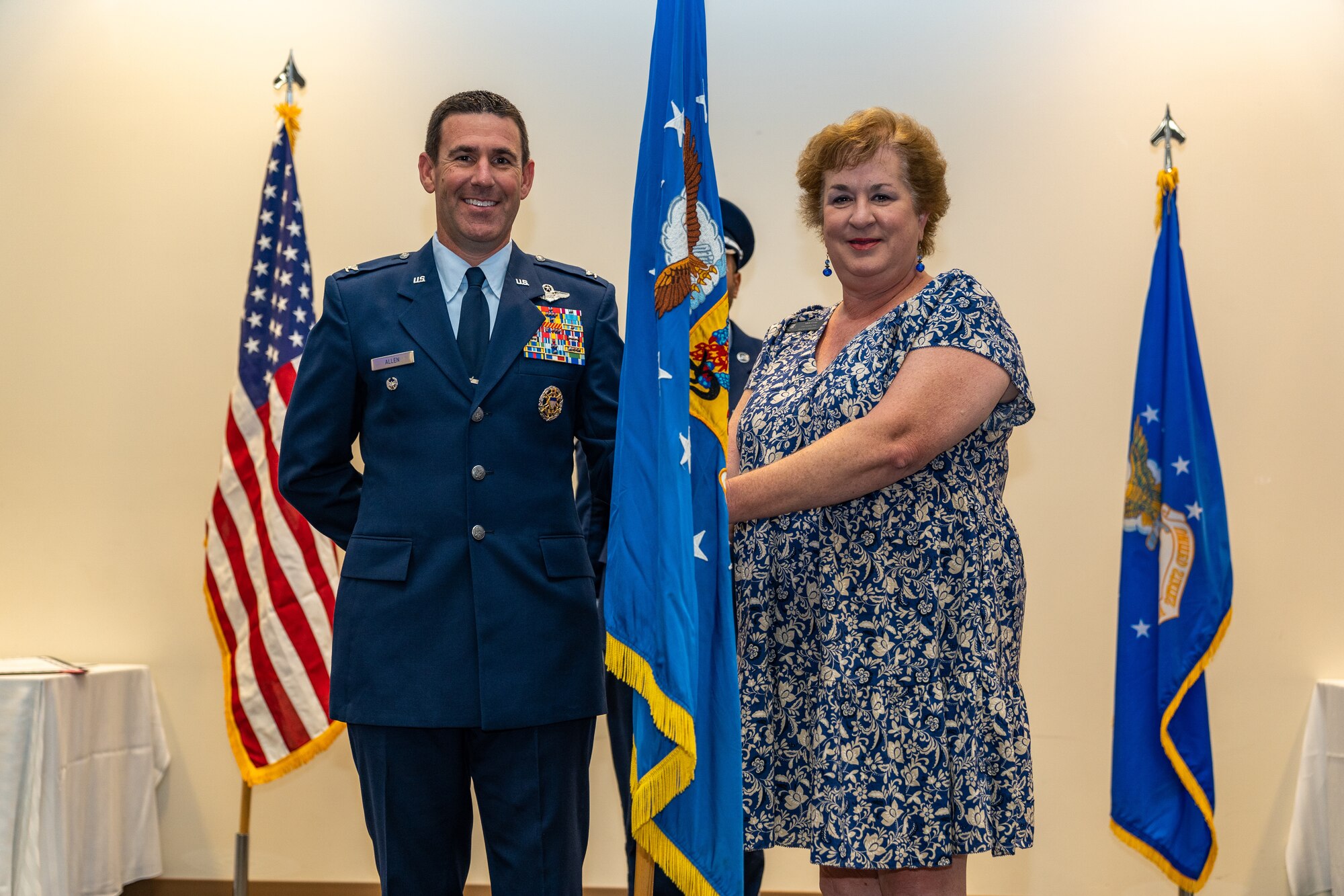 U.S. Air Force Col. Jason Allen, 81st Training Wing deputy commander, poses with Ms. Adele Lyons, Mississippi Gulf Coast Chamber of Commerce, chief executive officer, during the Honorary Commander Induction Ceremony at Keesler Air Force Base, Mississippi, Sept. 22, 2023.