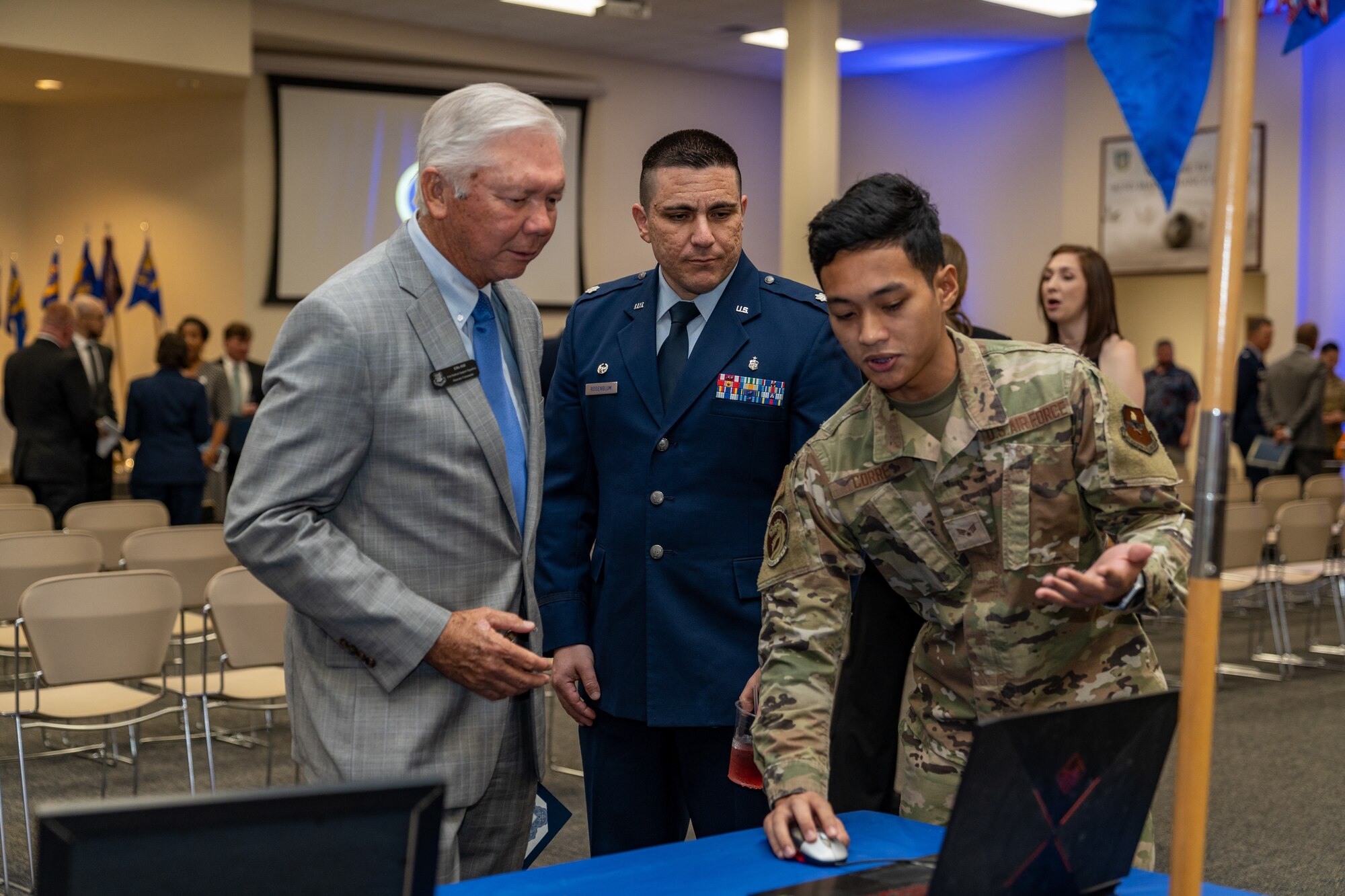 U.S. Air Force Commanders and their honorary commanders interact with the tech expo during the Honorary Commander Induction Ceremony at Keesler Air Force Base, Mississippi, Sept. 22, 2023.