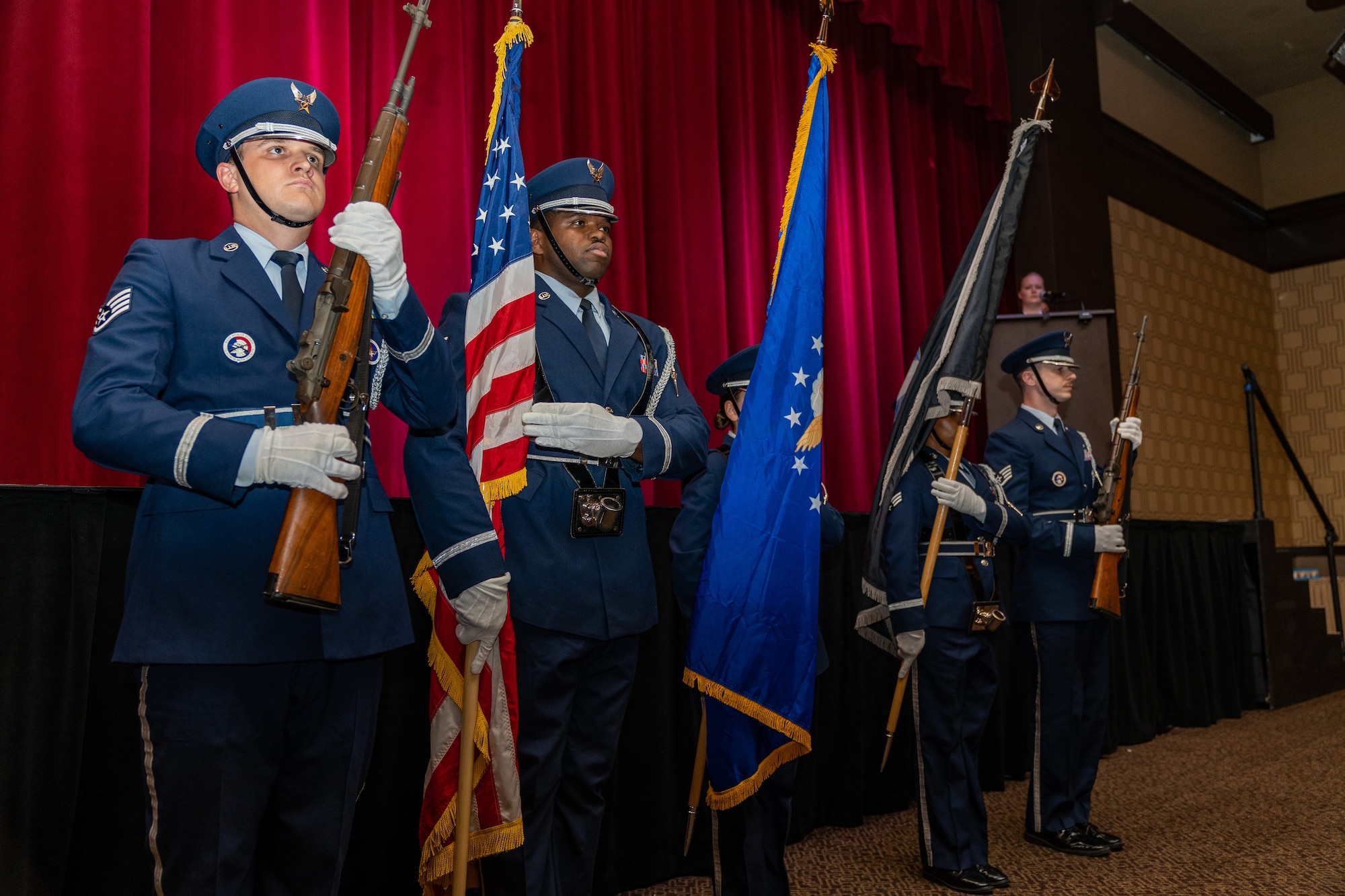 U.S. Airmen from the Keesler Air Force Base Honor Guard present the colors during the 2023 Air Force Ball at the Golden Nugget Casino, Mississippi, Sept. 23, 2023.