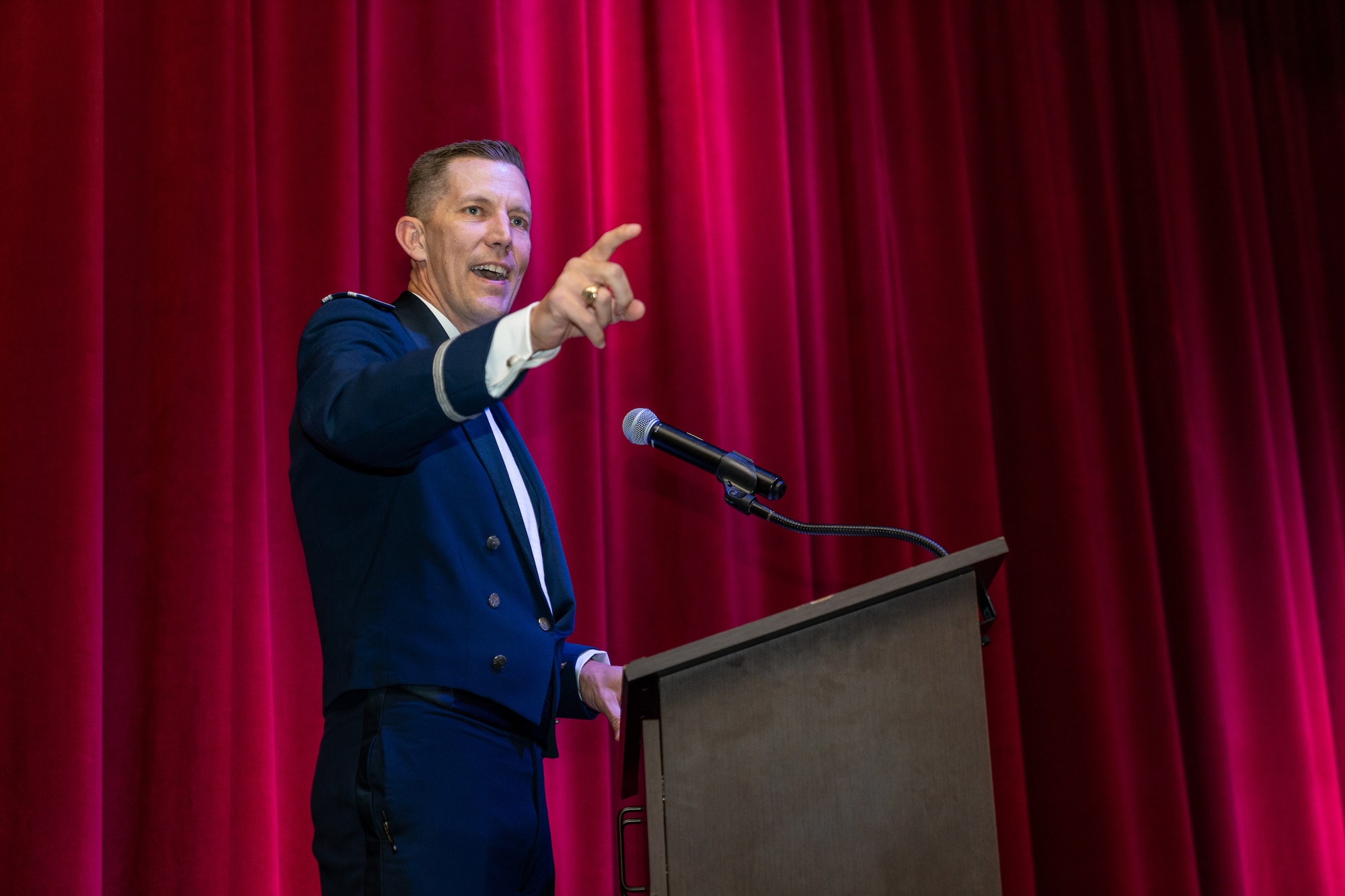 U.S. Air Force Col. Billy Pope Jr., 81st Training Wing commander, gives his opening remarks during the 2023 Air Force Ball at the Golden Nugget Casino, Mississippi, Sept. 23, 2023.