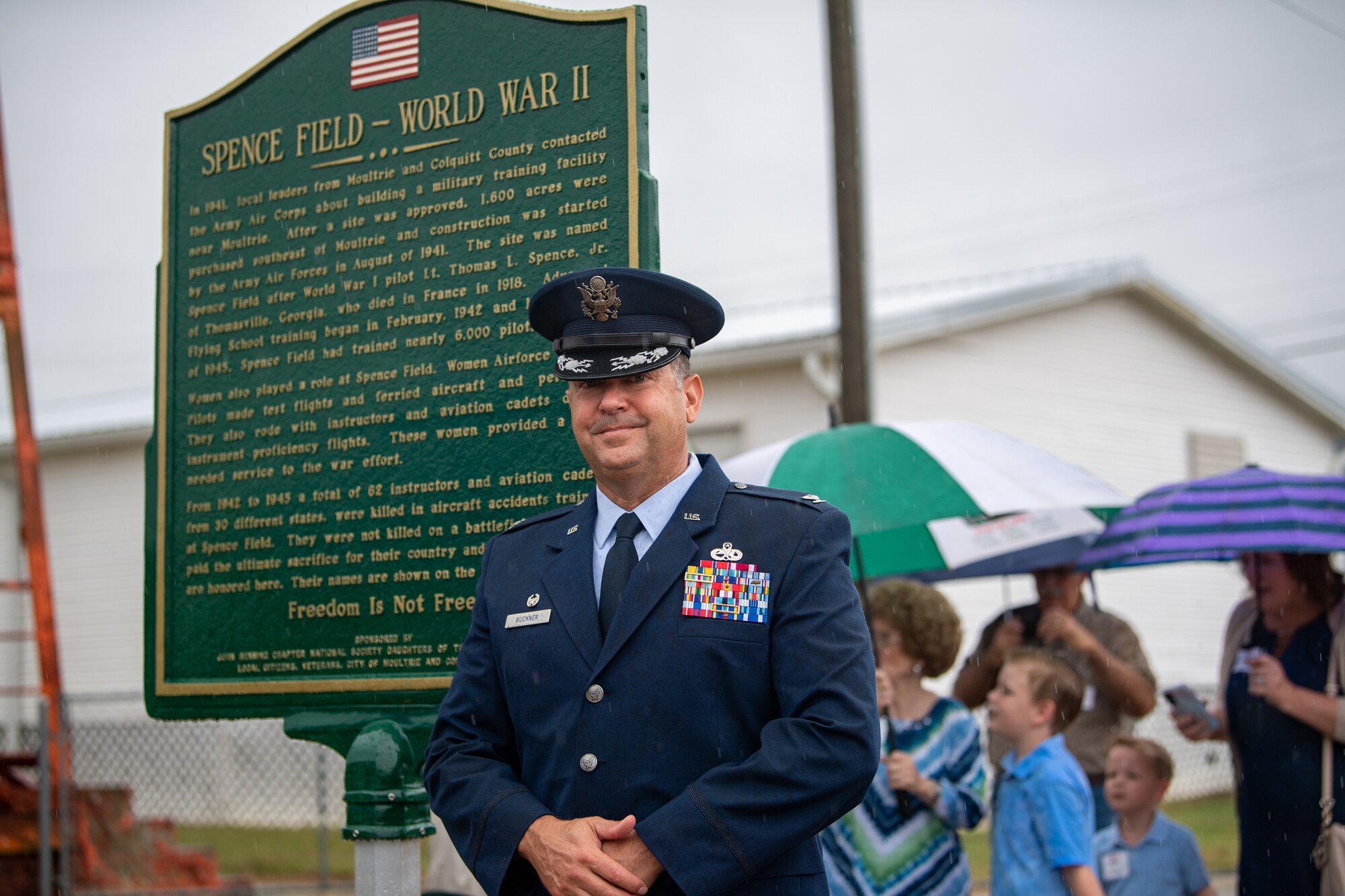 U.S. Air Force Col. Bobby Buckner, 23rd Maintenance Group commander, smiles for a photo at Spence Field in Moultrie, Georgia, Sept. 26, 2023. Airmen from Moody Air Force Base joined the families and community members to honor 62 Airmen who lost their lives while training at Spence Field between 1942 and 1945. (U.S. Air Force photo by Senior Airman Courtney Sebastianelli)