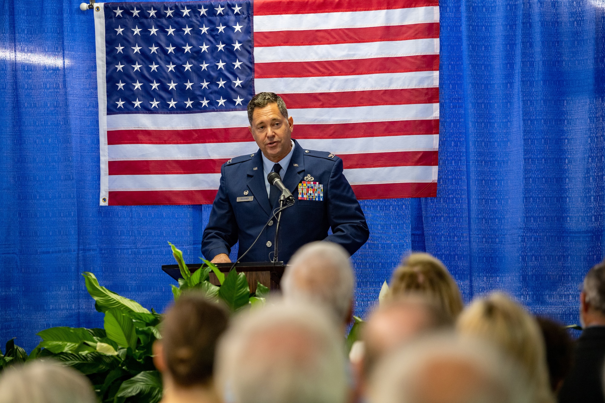 U.S. Air Force Col. Bobby Buckner, 23rd Maintenance Group commander, speaks during a memorial ceremony at Spence Field in Moultrie, Georgia, Sept. 26, 2023. During the ceremony, Buckner thanked the fallen Airmen for their service. (U.S. Air Force photo by Senior Airman Courtney Sebastianelli)