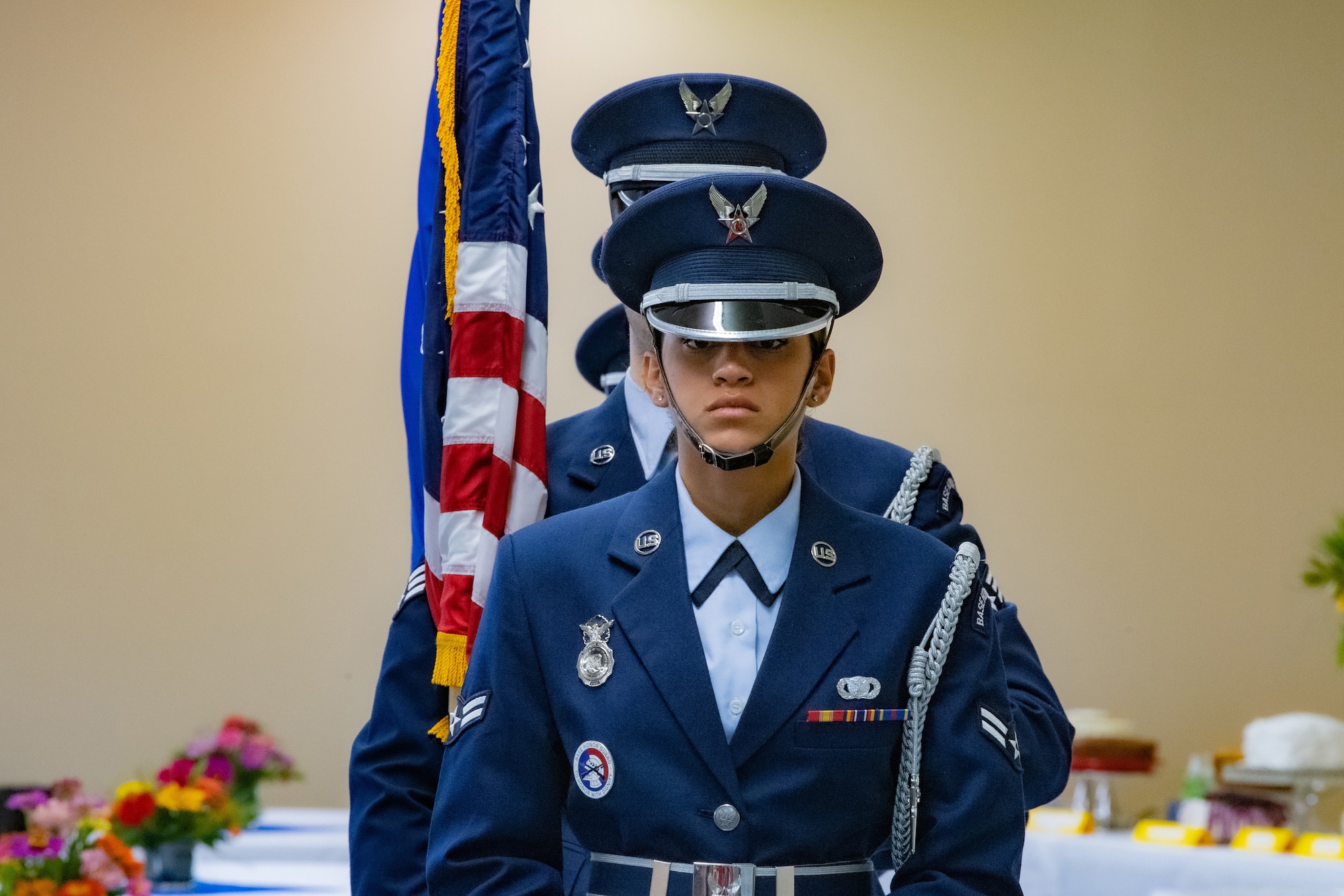 U.S. Air Force Base Honor Guard from Tyndall Air Force Base, Florida, stand at attention before a memorial ceremony at Spence Field in Moultrie, Georgia, Sept. 26, 2023. During the ceremony, members of the Air Force honored the legacy of the U.S. Army Air Forces.   (U.S. Air Force photo by Senior Airman Courtney Sebastianelli)