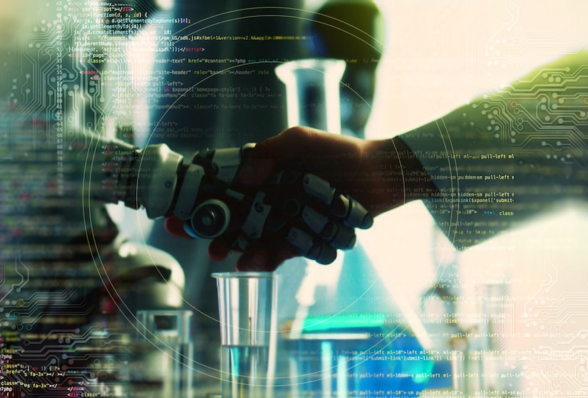 A graphic depicts a human hand shaking a robot hand.