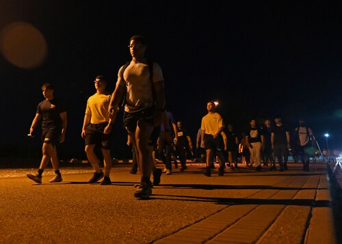 Members of the 17th Training Wing participate in the Jacobson Memorial Ruck at Goodfellow Air Force Base, Texas, Sept. 28, 2023. Airman 1st Class Elizabeth Jacobson was the first security forces Airman and the first female service member to die in the line of duty supporting Operation Iraqi Freedom. (U.S. Air Force photo by Senior Airman Sarah Williams)