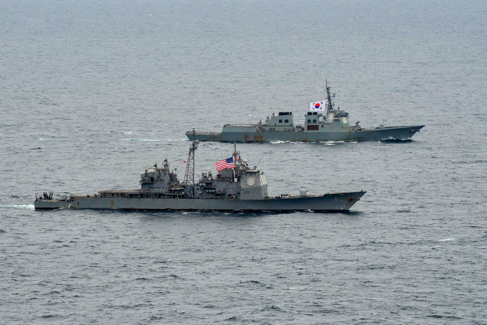 USS Robert Smalls (CG 62) and USS Shoup (DDG 86) underway with Republic of Korea Navy ships in the Sea of Japan.