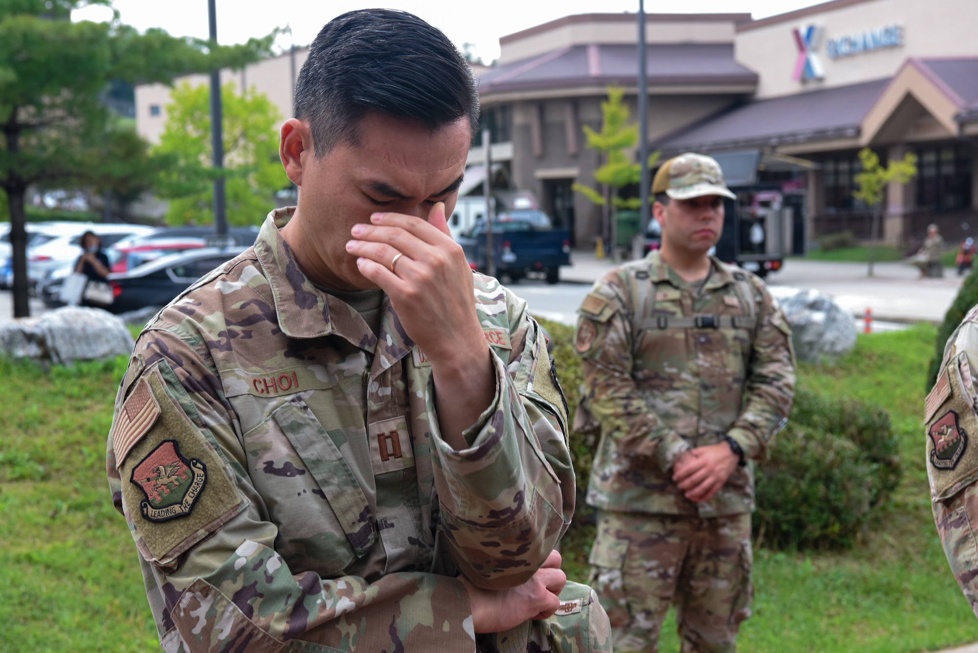 U.S. Air Force Capt. John Choi, 51st Fighter Wing chaplain, expresses emotion during a prisoner of war and missing in action ceremony at Osan Air Base, Republic of Korea, Sept. 27, 2023. The ceremony had audience members from throughout the installation and leadership from the Veterans of Foreign Wars gather to honor and reflect on those who are prisoners of war and missing in action. (U.S. Air Force photo by Airman 1st Class Chase Verzaal)