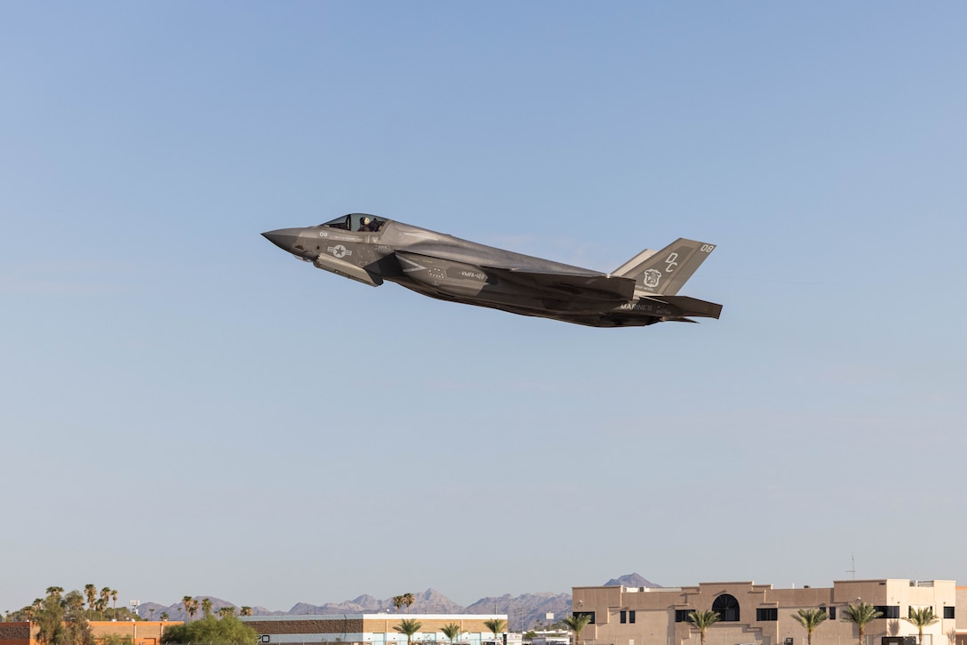 U.S. Marine Corps Capt. Maxwell Miller, an F-35B Lightning II pilot with Marine Fighter Attack Squadron (VMFA) 122, Marine Aircraft Group (MAG) 13, 3rd Marine Aircraft Wing, takes off during Fifth Generation Friday at Marine Corps Air Station Yuma, Arizona, Sept. 8, 2023. Fifth Generation Friday is a standardized monthly group-level training exercise that provides MAG-13 F-35 pilots with real-world exposure to fighting a peer adversarial platform. (U.S. Marine Corps photo by Cpl. Jade K. Venegas)
