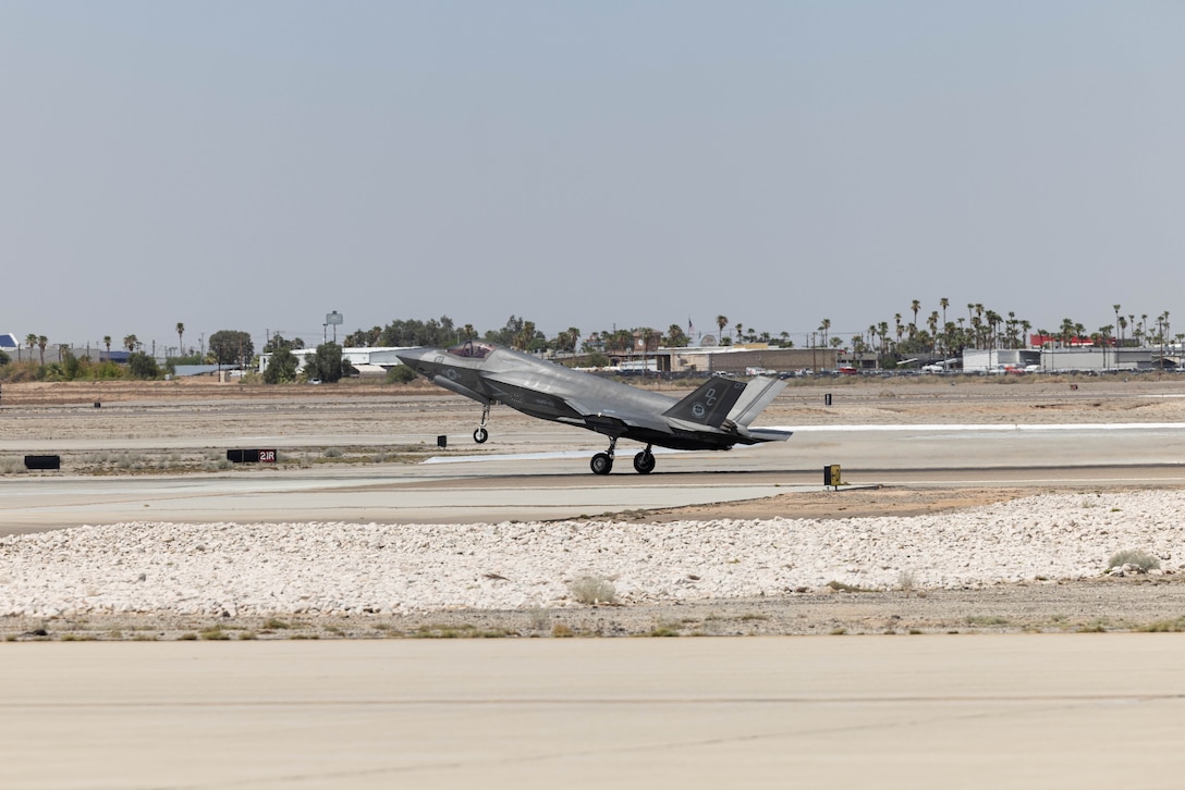 U.S. Marine Corps Lt. Col. Bijan Derakhshan, commanding officer of Marine Fighter Attack Squadron (VMFA) 122, Marine Aircraft Group (MAG) 13, 3rd Marine Aircraft Wing, lands during Fifth Generation Friday at Marine Corps Air Station Yuma, Arizona, Sept. 8, 2023. Fifth Generation Friday is a standardized monthly group-level training exercise that provides MAG-13 F-35 pilots with real-world exposure to fighting a peer adversarial platform. (U.S. Marine Corps photo by Cpl. Jade K. Venegas)