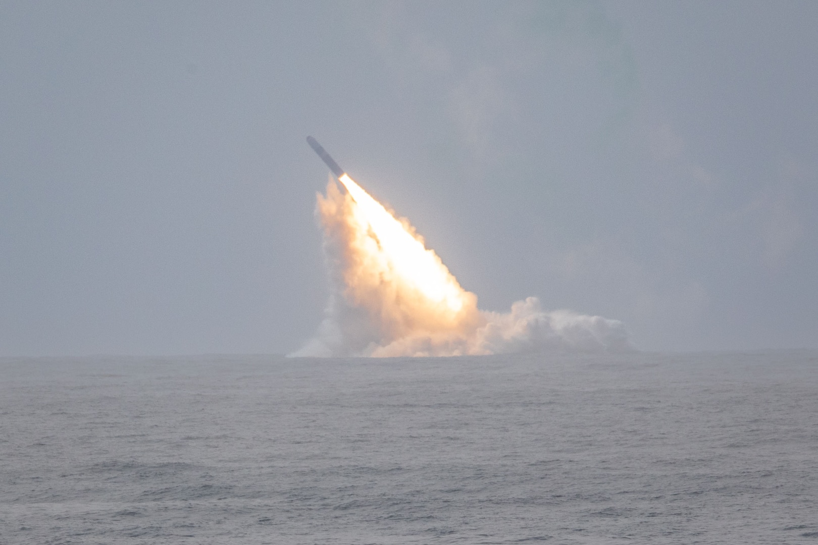An unarmed Trident II D5LE missile launches from the Ohio-class ballistic missile submarine USS Louisiana (SSBN 743), marking a successful Demonstration and Shakedown Operation-32 (DASO-32) off the coast of Southern California, Wednesday.