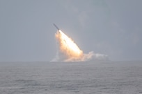 An unarmed Trident II D5LE missile launches from the Ohio-class ballistic missile submarine USS Louisiana (SSBN 743), marking a successful Demonstration and Shakedown Operation-32 (DASO-32) off the coast of Southern California, Wednesday.