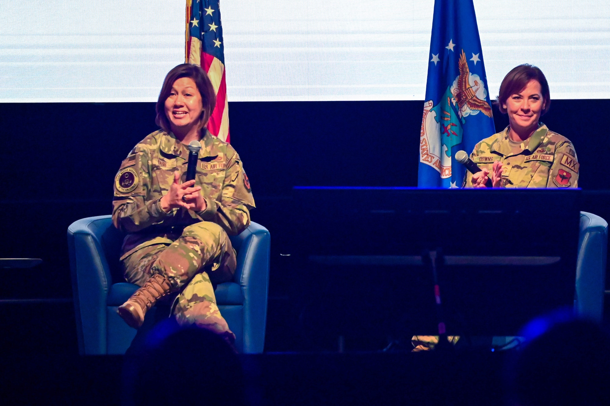 Chief Master Sergeant of the Air Force JoAnne S. Bass and Senior Master Sgt. Danielle Downs, 58th Maintenance Squadron senior enlisted leader, converse with the audience during a panel at the Torch Athena Rally in San Antonio, Texas Sept. 19, 2023. Bass expressed inspiring others requires focusing on personal development and taking care of those around us. (U.S. Air Force photo by Airman 1st Class Heidi Bucins)