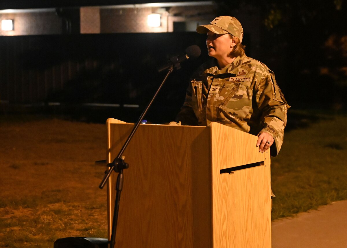 U.S. Air Force Col. Angelina Maguinness, 17th Training Wing commander, gives opening remarks before the Jacobson Memorial Ruck at Goodfellow Air Force Base, Texas, Sept. 28, 2023. Every year, the 17th Security Forces Squadron hosts a ruck to commemorate Airman 1st Class Elizabeth Jacobson. (U.S. Air Force photo by Senior Airman Sarah Williams)