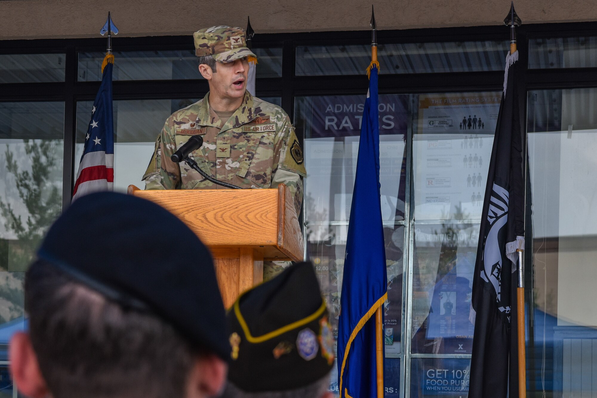 U.S. Air Force Col. William McKibban, 51st Fighter Wing commander, gives closing remarks during a prisoner of war and missing in action remembrance ceremony at Osan Air Base, Republic of Korea, Sept. 27, 2023. This annual event includes a 24-hour run, a remembrance ceremony and a meal to remember past and present service members who have gone missing during combat or become prisoners of war. (U.S. Air Force photo by Airman 1st Class Chase Verzaal)