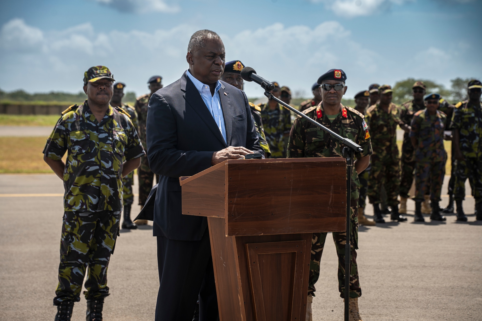 U.S. Secretary of Defense Lloyd J. Austin III speaks with Kenya Defence Forces and U.S. military personnel during a visit to Cooperative Security Location Manda Bay, Kenya,