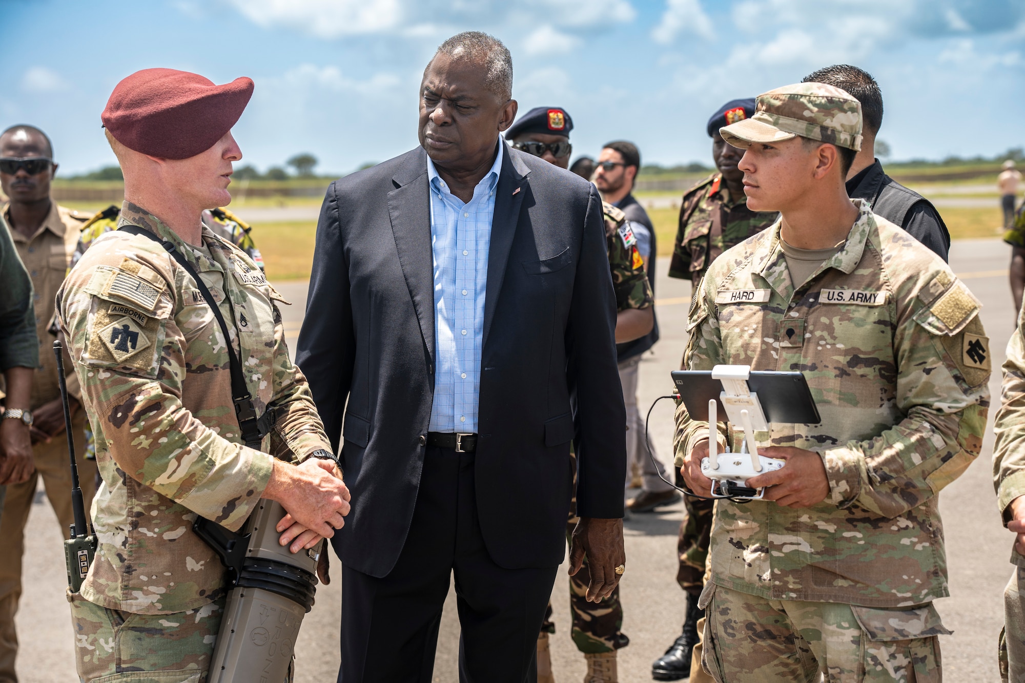 U.S. Secretary of Defense Lloyd J. Austin III is briefed U.S. Army Soldiers assigned to Task Force - Tomahawk during his visit to Cooperative Security Location Manda Bay, Kenya,
