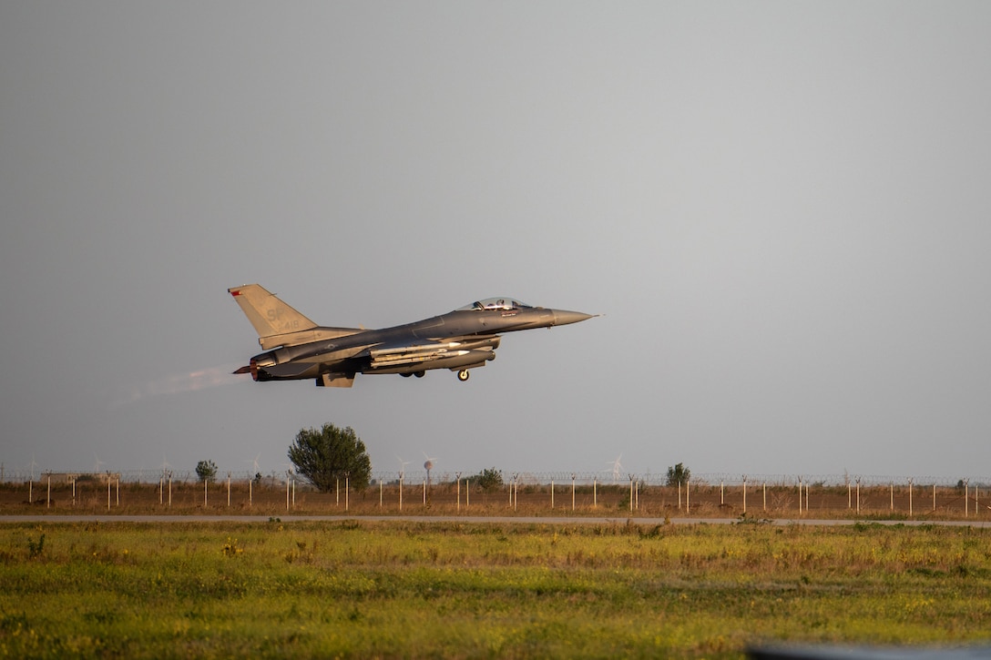 An aircraft takes off.