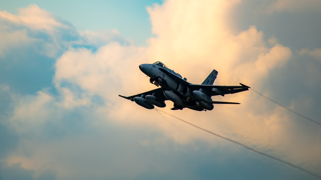 A U.S. Marine Corps F/A-18C Hornet aircraft with Marine Fighter Attack Squadron 115 takes off from Marine Corps Air Station Iwakuni, Japan, Sept. 28, 2023. VMFA-115 is set to return to their home air station of MCAS Beaufort, South Carolina, following their six-month unit deployment program tour with Marine Aircraft Group 12. For over forty years, the F/A-18 augmented U.S. Armed Forces and this tour marked VMFA-115’s final UDP tour as an F/A-18 squadron.