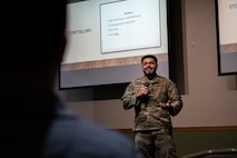 Senior Airman James Young, 91st Missile Security Operations Squadron tactical response force assaulter, shares his story about grief and resiliency during the Suicide Prevention Storytellers event at Minot Air Force Base, North Dakota, Sept. 26, 2023. The Department of Defense recognizes Suicide Prevention Month to raise awareness of prevention resources among military communities. (U.S. Air Force photo by Airman 1st Class Alyssa Bankston)